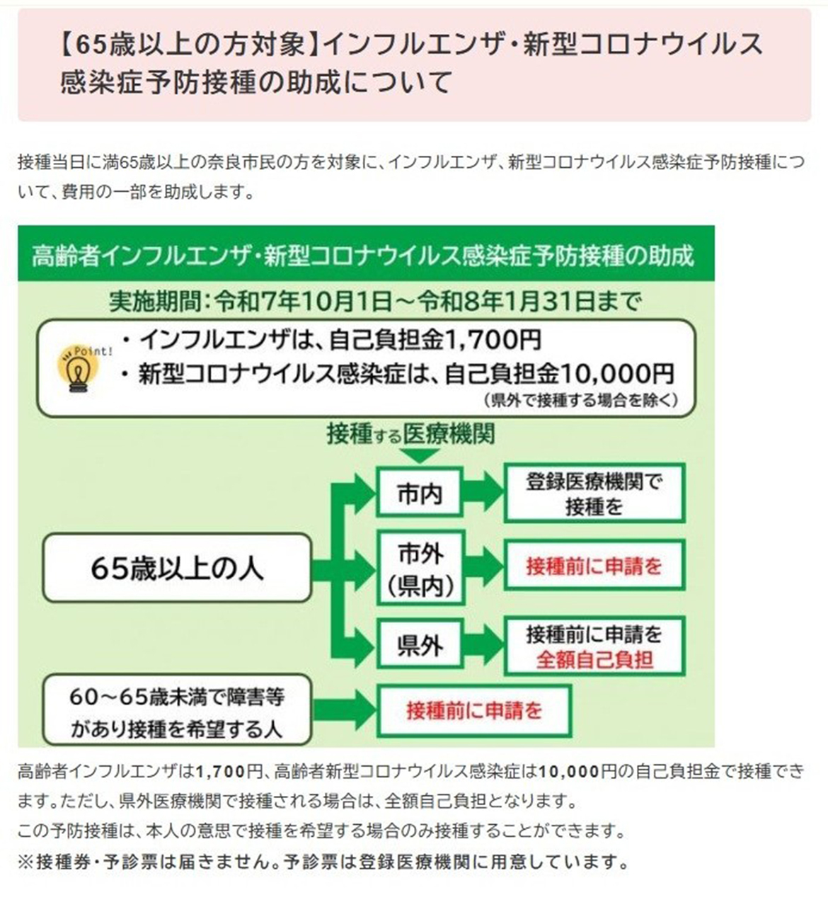 満65歳以上奈良市民対象インフルエンザ・新型コロナ感染症予防接種の助成